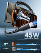 90W Car Charger USB C for iPhone 17/16 Pro Max, PD&QC3.0 w/6.65ft 45W Type Coiled Cable, Fast Car Phone Charger Adapter for iPhone 17Air/15 Pro, Samsung Galaxy S25/S24/S23, Pixel 10/LG/Android, iPad