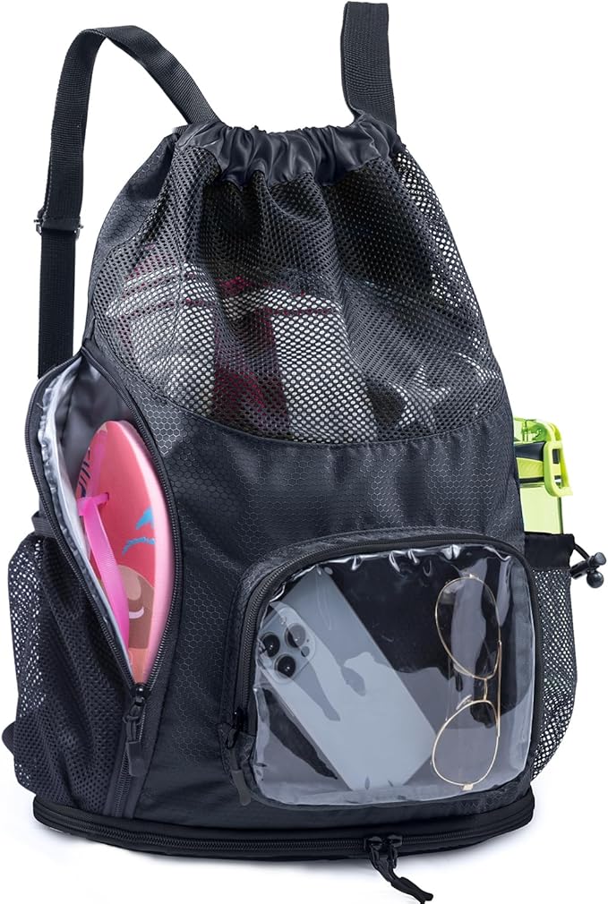 Mesh Drawstring Backpack with Shoe Compartment, Sandproof Beach Swim Bag with Wet Pocket, Pool Gym Shower Bag for Travel Summer Camp