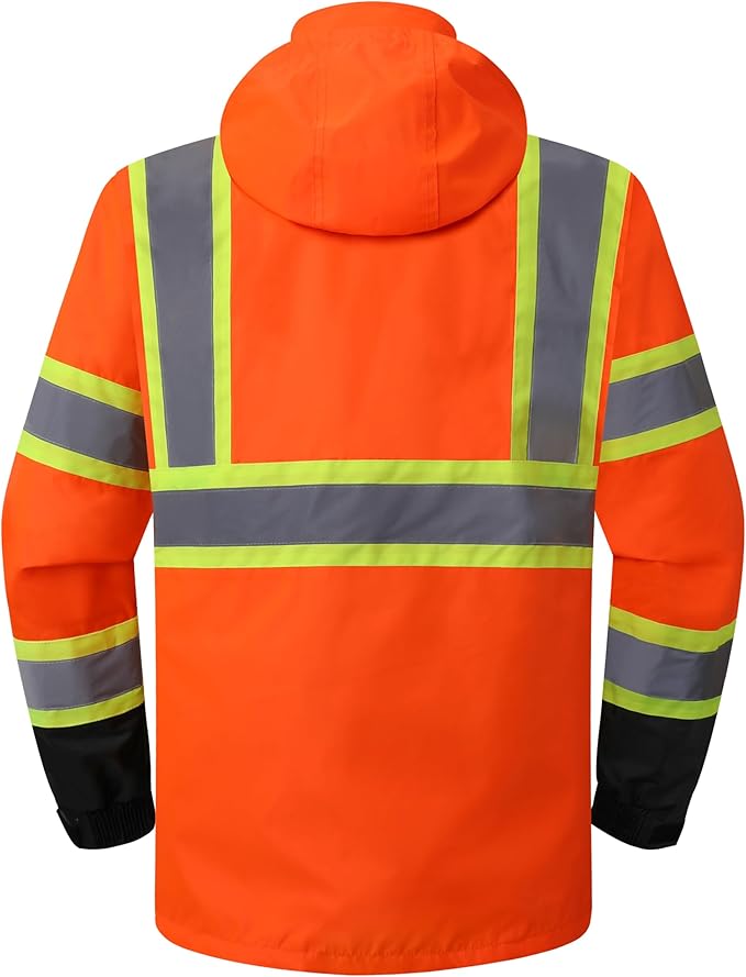 JKSafety Hi-Vis Reflective Safety Rain Jacket and Pants for Men Women Waterproof Rain Gears for Farming Fishing Work HV Rain Suit with Inner Mesh Lining and Pockets (117-Orange L)