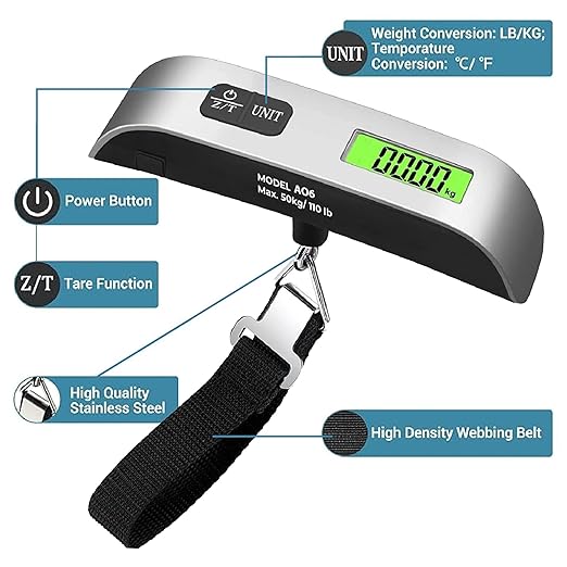 Luggage Scale, Digital Portable Handheld Suitcase, Travel Hanging Baggage with Backlit LCD Display, 50kg/110Pounds, Silver