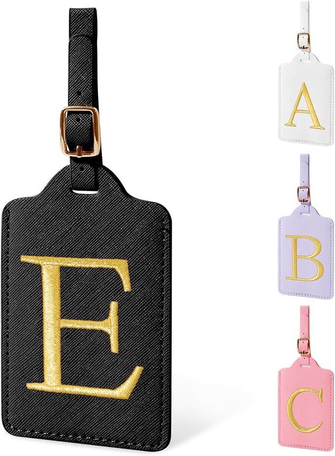 Personalized Initial Luggage Tags for Suitcase TSA Approved, Black Leather Cute Luggage Tag with Privacy Cover Name Card, Embroidered Custom Luggage Tags Travel Backpack Tags Gifts for Women Kids(E)