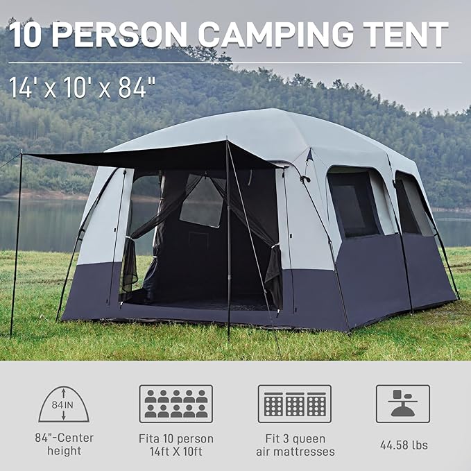 EVER ADVANCED 10 Person Camping Blackout Design Tent, Multi Room Tent for Family, Large Tents with Rainfly and Carry Bag, 2 Doors, Water-Resistant, 14ft x 10ft x 84in
