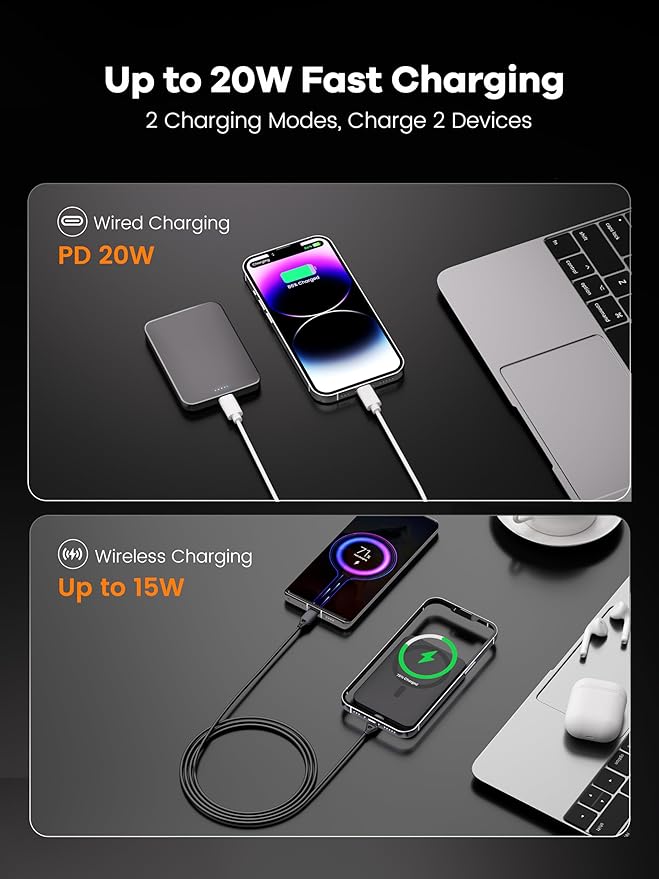【Titanium Body & Ultra-Slim 0.3-Inch Design】 5000mAh Magnetic Power Bank with Titanium Body, Lightweight & Portable, Easy to Carry for Daily Use, Travel, and Emergencies