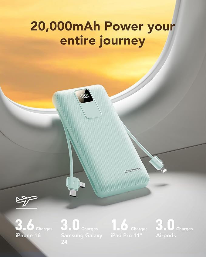 charmast Portable Charger with Built-in Cables and Wall Plug, 20000mAh 20W USB C Power Bank Fast Charging Battery Pack Compatible with iPhone iPhone 16/15/14/13 Series, Samsung Google iPad etc