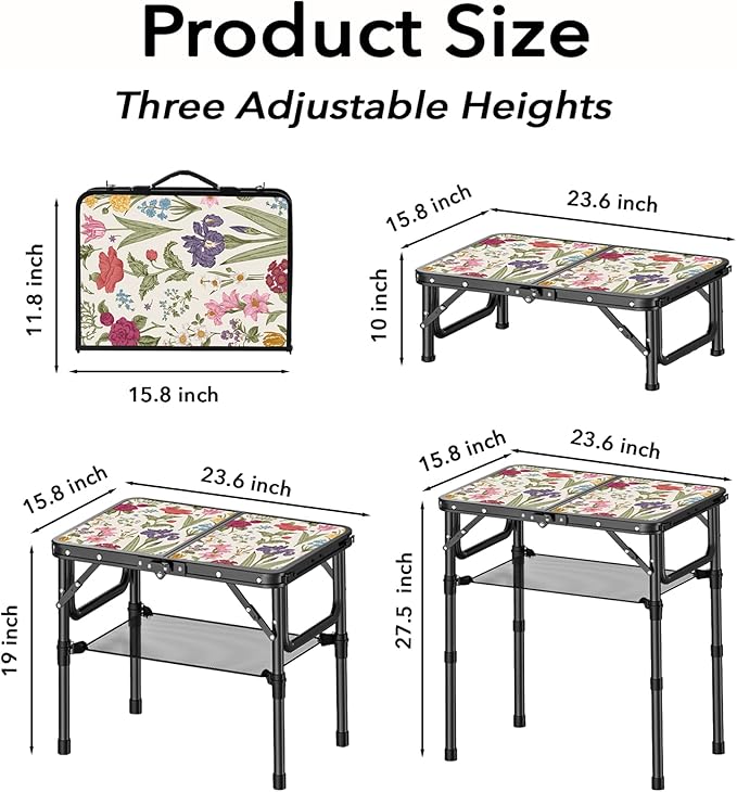 YihuiKo Small Camping Table, Vintage French Flowers Pattern Folding Table, Adjustable Height, Lightweight & Portable Outdoor Picnic Table with Carry Handle for Patio, Living Room, Travel