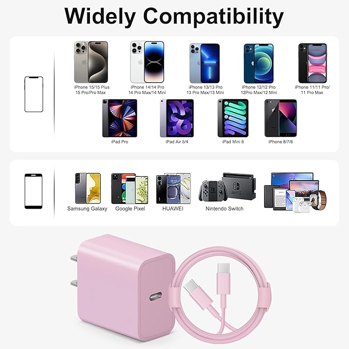 iPhone 17 16 15 Charger Fast Charging 10FT - 20W USB C Charger Block with 10FT Type C to C Cable Compatible with iPhone 17/17 Pro/17 Pro Max/Air/16/16e/15, iPad Pro, iPad Air (Pink)