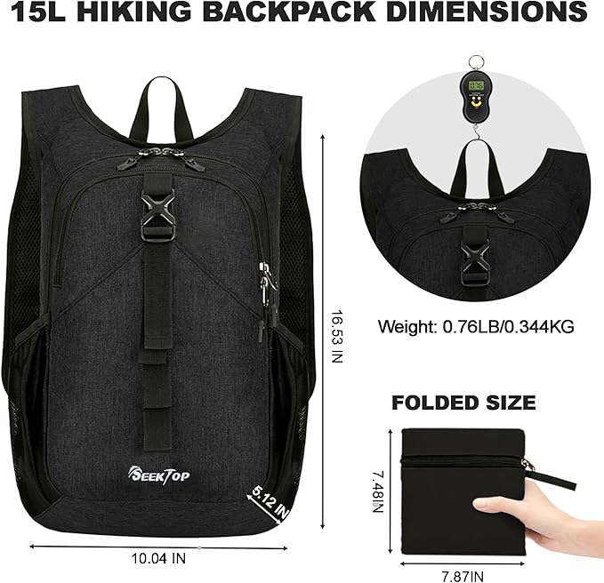 Seektop 15L Small Hiking Backpack for Women Men, Lightweight Hiking Packable Daypack with Phone Pocket for Travel Camping (Black, 15L)