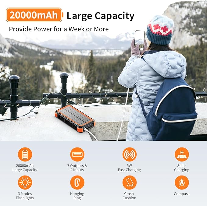 Solar Charger Power Bank 20000mAh Wireless Charger QC 3.0 Fast Charging Power Bank 8 Outputs 4 Inputs Solar Portable Charger Compatible with All Mobile Devices,SOS/Strobe/Strong Flashlights (orange)