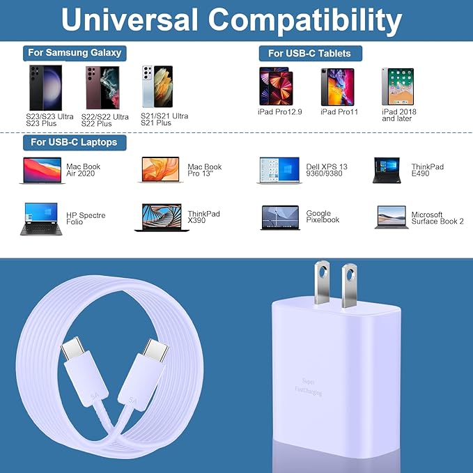 45W USB C Fast Charger Block Super Fast Charging Type C Charger for Samsung Galaxy S26 S25 S24 S23 Ultra/S26 S25 S24 S23 S22 S21 S20/Note 10/20,PPS Android Phone Charger with 6.6FT Cord-Purple