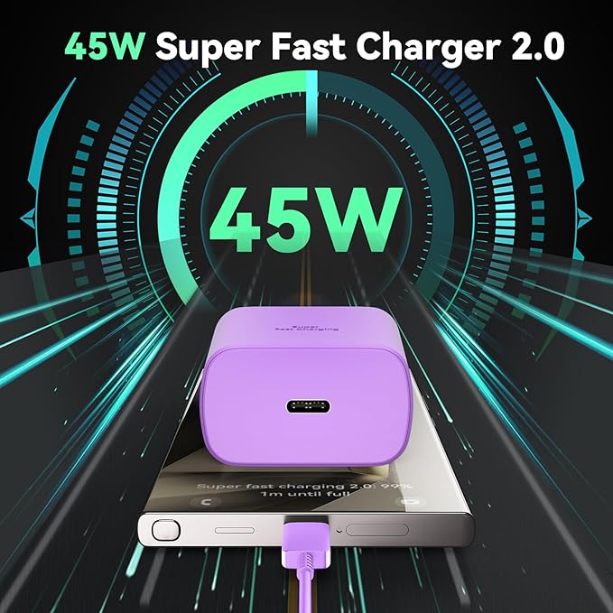 45W Super Fast Charger USB C Android Phone Type C Charger Fast Charging Block with 10FT Cord for Samsung Galaxy S26/S26 Ultra/S26+/S25 Ultra/S25/S24 Ultra/S24/S23 Ultra/S22/S21/S20/Note 10, Purple