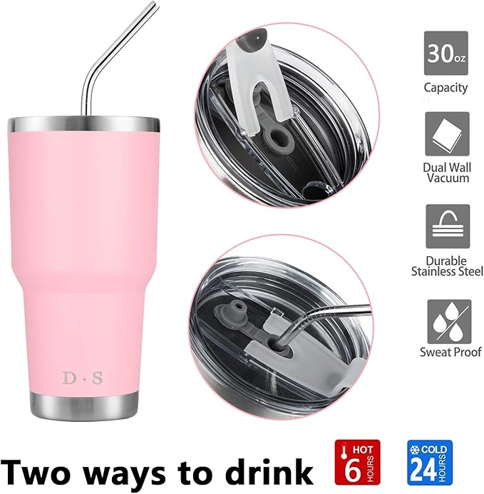 D·S 30 oz Pink Tumbler Stainless Steel Double Wall Vacuum Insulated Mug with Straw and Lid, Cleaning Brush for Cold and Hot Beverages (30oz Pink)