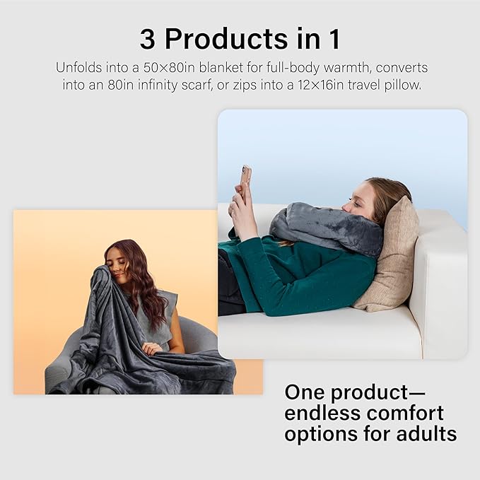 NAPRO 3‑in‑1 Travel Blanket Pillow Scarf – Convertible 50×80″ Blanket, 12×16″ Pillow, 80″ Infinity Neck Pillow – Lightweight, Plush – Gray