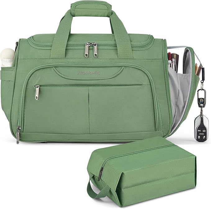 Hanke Large Capacity Travel Duffel Bag, Carry On Luggage with 12 Pockets, 17 Inch Laptop Compartment, Wet Dry Separation & Independent Shoe Bag, Foldable Duffel Bag for Women Men（Forest Green）