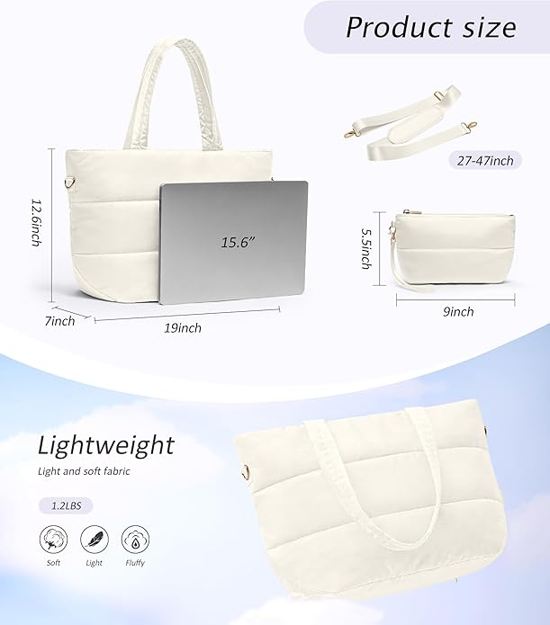 Puffer Tote Bag for Women, Lightweight Puffy Tote with Compartments, Shoulder Bag Crossbody Bags for Women Travel, Work, Gym