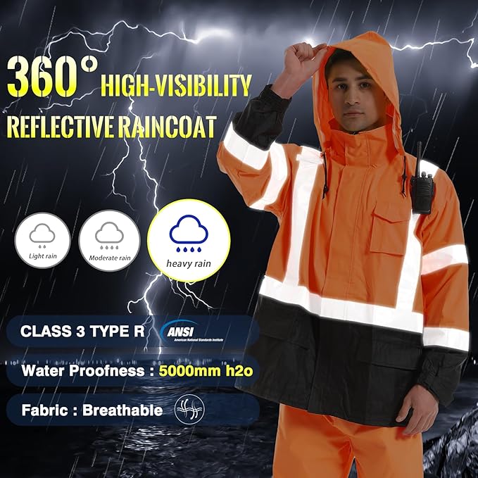 SKSAFETY Hi Vis Safety Rain Jacket for Men, Construction Work Rain Gear Heavy Duty Class 3 Rain Coat Waterproof Lightweight