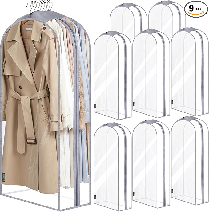 BALEINE 48'' Clear Garment Bags, 10.5'' Wide PEVA Suit Bag for Closet Clothes Dresses Suit Coats Storage (Clear, 9PK)