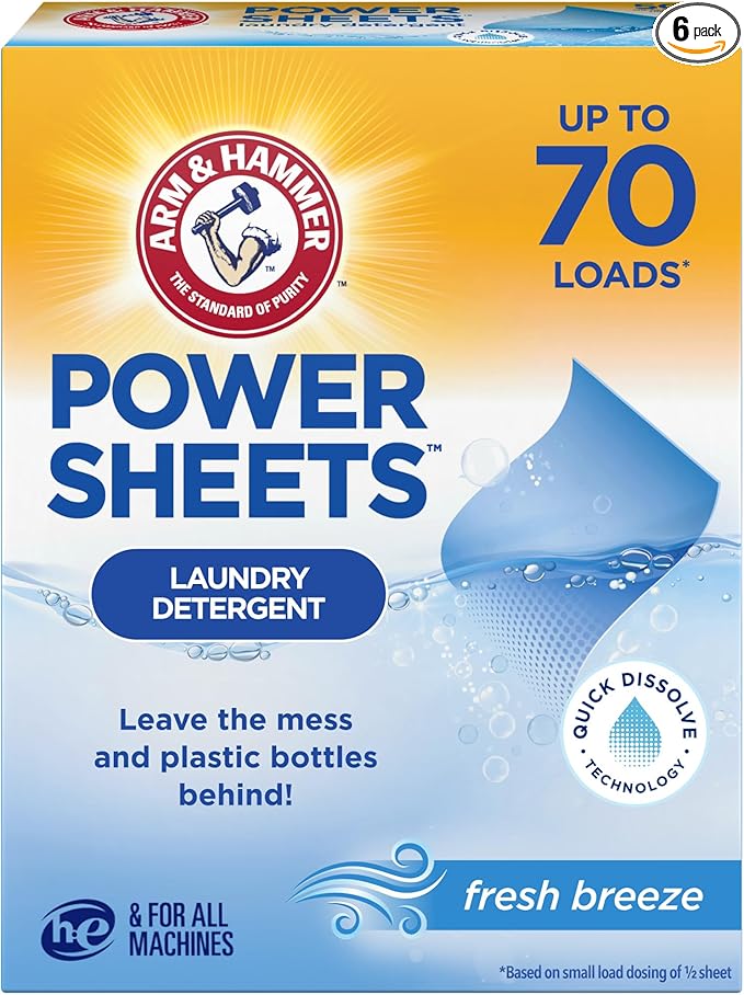 ARM & HAMMER Power Sheets Laundry Detergent, Fresh Breeze Scent, No Mess, Lightweight and Travel-Friendly, 35 Count, Up to 70 Small Loads (Pack of 6)