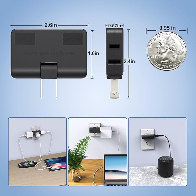ETwinCoo 3-Way Flat Wall Outlet Extender & Splitter, 2-Prong Swivel Mini Plug - Safe AC Adapter for Home/Travel, Type A Black (2 Pack)