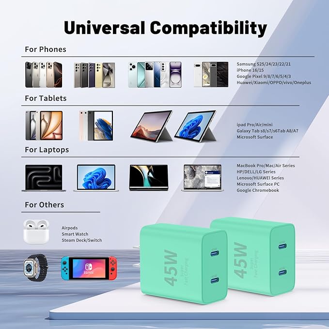 QZIIW Super Fast Samsung Charger Type C,45W Dual Port USB C Fast Charger Block [2-Pack] & Extra Long 60W 3/6/6/10FT USB C Cable - PD Quick Charging 3.0 for Samsung Galaxy S25 Ultra/S24+/S23 iPhone 16