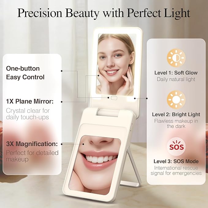 5-in-1 Magnetic Wireless Power Bank, 5000mAh Portable Charger with LED Mirror, Phone Stand, Card Holder & Bluetooth Remote, 20W Fast Charging for iPhone & Android, Travel Essential for Women, Khaki