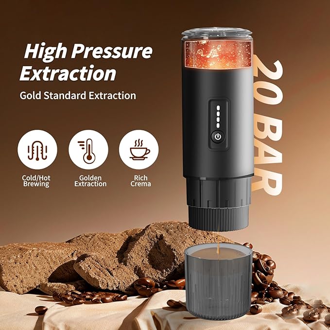 3-in-1 Portable Espresso Maker 20 Bar Self-Heating Stainless Steel Fits Ground Coffee & Nespresso Capsules USB-C Rechargeable for Camping Car Hiking Office