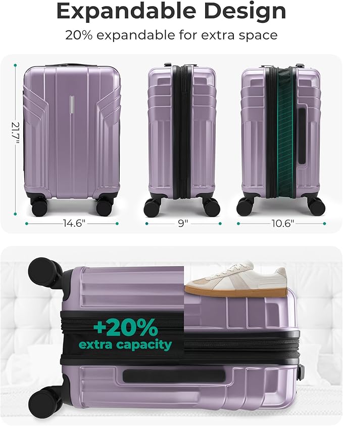 BAGSMART Expandable Carry On Luggage 22x14x9 Airline Approved, 20 Inch Travel Luggage with Spinner Wheels, Lightweight Hard Shell Suitcase Carry on Lavender Purple