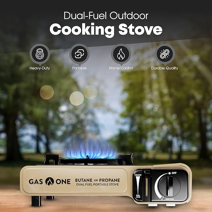 GasOne GS-3400P-KIT Propane or Butane Gas Stove with Flat Top Griddle Included – Dual Fuel Propane Grill Tent Stove Burners for Cooking for Camping, Kitchen – Diecast Aluminum with Non Stick Coating