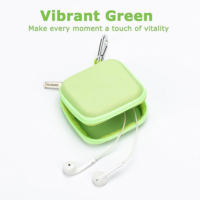 insco Mini-Portable Hard Shell Square Earbuds Case for Apple EarPods/Samsung Galaxy Wired/Wireless Earbuds, Cell Phone Accessories Organizer with Carabiner for Earphones (1, Green)