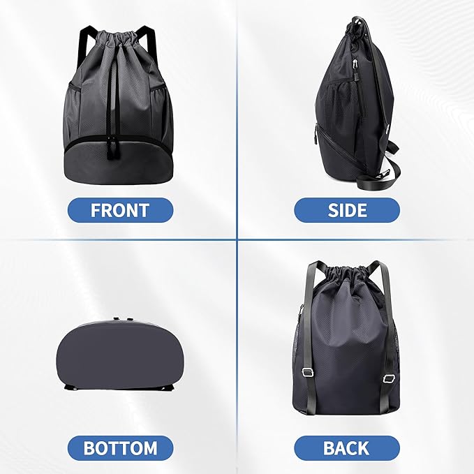 JELUTAR Drawstring Backpack Gym Bag with Shoes Compartment for Soccer, Basketball, Swim, Water-Resistant String Backpack Beach Cinch for Women Men, Dark Grey