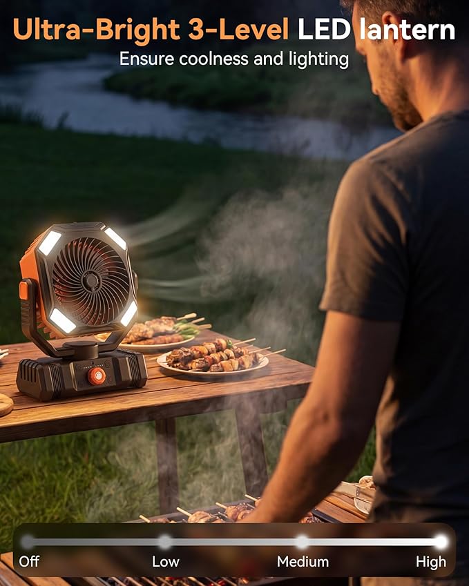 USONE Misting Fan, Portable Camping Fan Rechargeable, Battery Powered Fan for Camping with Light, Remote & Timer, Hanging Tent Fan with Hook for Outdoor fishing, Travel, Work/Summer Essential