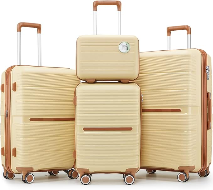 4 Piece Luggage Set, Hardside Expandable Lightweight Suitcase with 360° Mute Spinner Wheels Luggage Sets, TSA Lock, 14/20/24/28 Inch Travel Luggage for Men, Women and Girls (Apricot Cream 2)