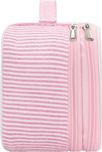 Relavel Cute Makeup Bag for Girls, Portable Pink Cosmetic Bag, Dual-layer Makeup Pouch with Brush Holder, Multi-Functional Preppy Toiletry Organizer for Travel, Daily Use - Pink Strip