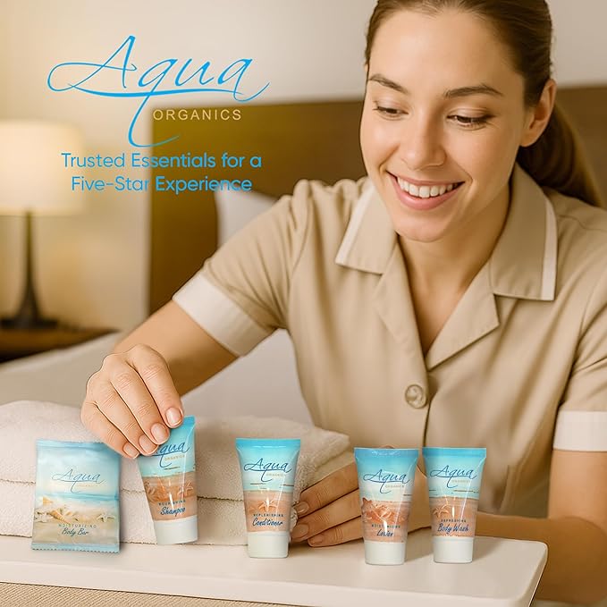 Aqua Organics Hotel Soaps and Toiletries Bulk Set | 1oz Hotel Shampoo & Conditioner, Body Wash, Body Lotion & 1oz Bar Soap Travel Size | 300 Pieces