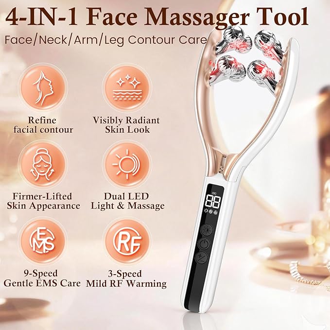 Face Massager Tool with Red Light, Face Sculpting Tool & Facial Roller for Women, Rechargeable Jawline Shaper and Neck Massager, Face Slimmer Beauty Device for Face Neck Portable Skin Care Tool