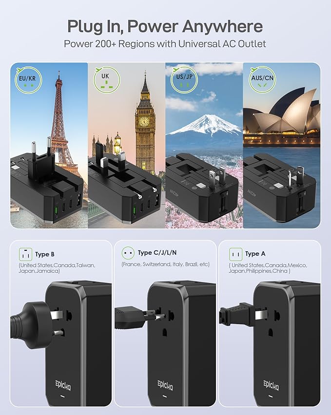 EPICKA Air 40W Universal Travel Adapter, PD Fast Charging International Power Adapter with 1 AC & 4 USB Ports, Worldwide Compact Travel Essentials for USA/EU/UK/AUS(Black, Not a Voltage Converter)