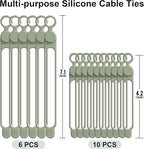 Silicone Cable Ties Cord Organizer for Cable Management, 16PCS 4.2" and 7.1" Reusable Cable Organizer Electronic Accessories for Home, Office, Kitchen, School, Travel (Green)