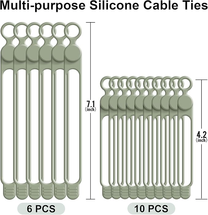 Silicone Cable Ties Cord Organizer for Cable Management, 16PCS 4.2" and 7.1" Reusable Cable Organizer Electronic Accessories for Home, Office, Kitchen, School, Travel (Green)