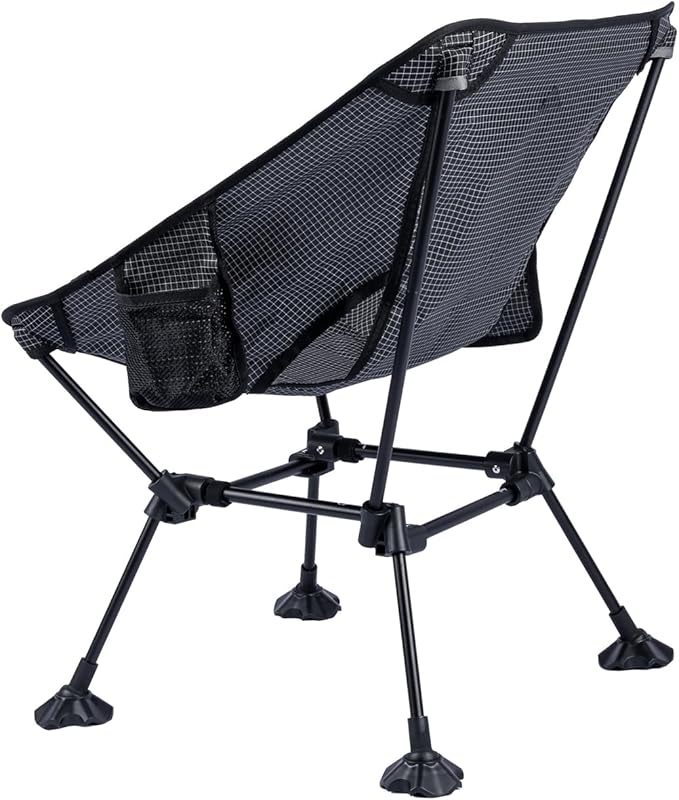 iClimb Ultralight Compact Camping Folding Beach Chair with Anti-Sinking Large Feet and Back Support Webbing (Black Grid - Square Frame - 2PC)