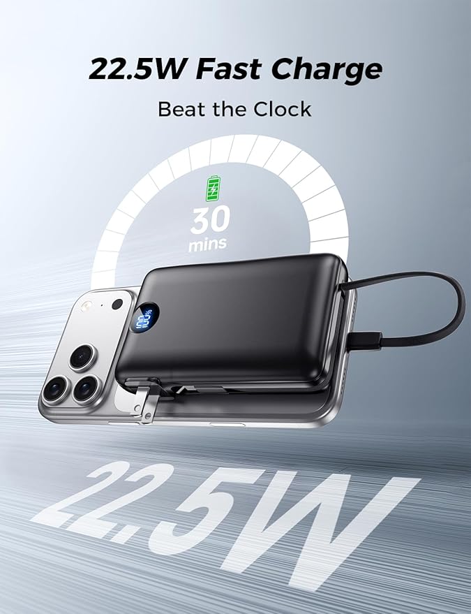 Portable Charger 50000mAh with Built-in Cables and AC Wall Plug, 22.5W Fast Charging Power Bank with LED Display for iPhone 17/16, Samsung, Android Devices, Camping, Road Trips and Travel, Dark