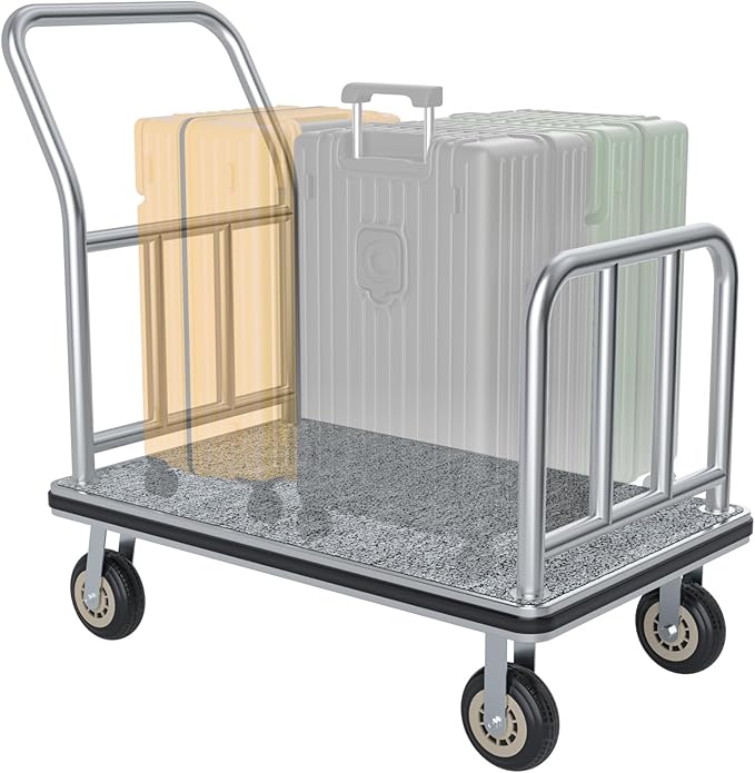 Hotel Luggage Cart, Brushed Stainless Steel Finish Bellman's Cart, Valet Cart with Grey Carpeted Deck and 8‘’ Rubber Wheels, Ideal for Hotels, Condos, Resorts, 1300Lbs Load (Silver, 38''L x 42''H)