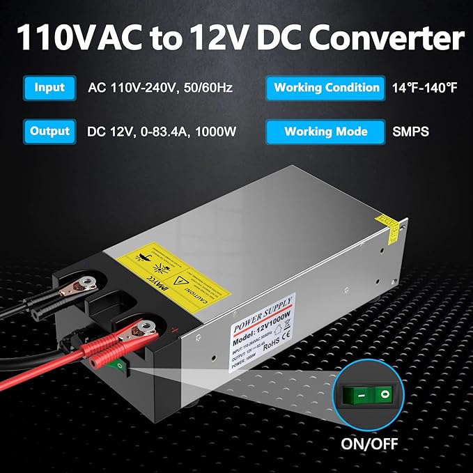 IMAYCC AC to DC Converter SMPS 110V to 12V Converter 12V DC Power Supply, Universal 120V to 12V Converter Transformer Max Current 83.4A 1000W