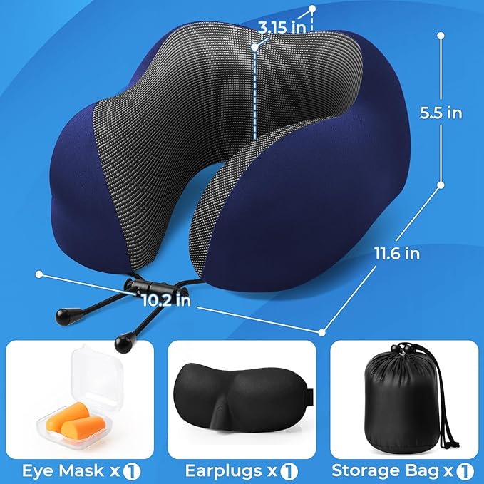 ExploreBliss Travel Pillow, Travel Pillows for Sleeping Airplane, Neck Pillow Airplane, Memory Foam Neck Pillow Set with Eye Mask, Earplugs and Storage Bag -Blue