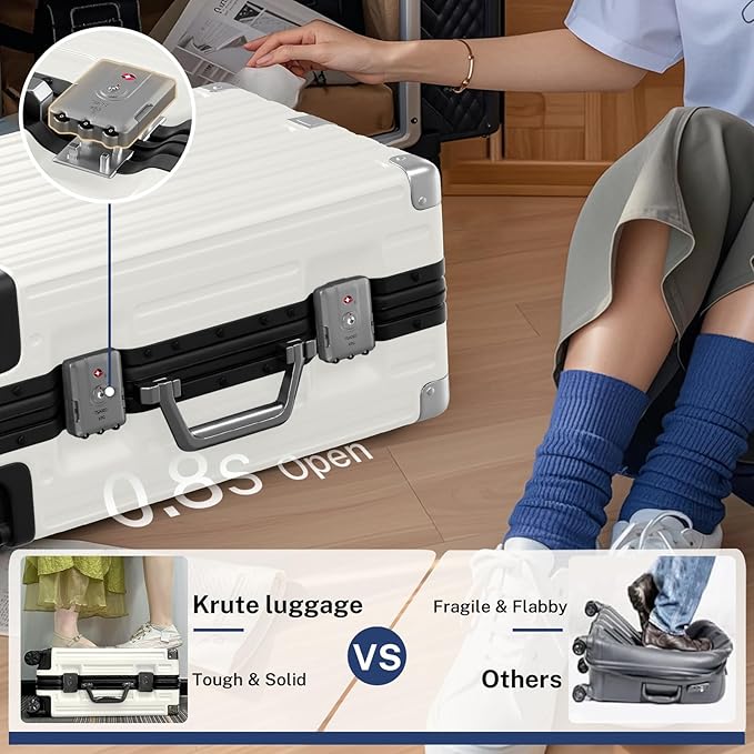 Krute Zipperless Luggage 24 Inch Aluminum Frame Suitcase with Spinner Wheels PC+ABS Hardide Checked Luggage TSA Approved No Zipper Travel Suitcase White