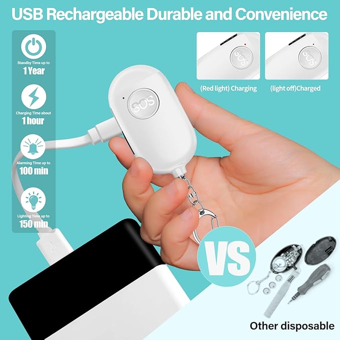 Hion Personal Safety Alarm for Women, 2 Pack Rechargeable 130dB Self Defense Alarm Keychain with LED Flashlight, Emergency Safe Sound Security for Children Elderly College Girls, Black+White