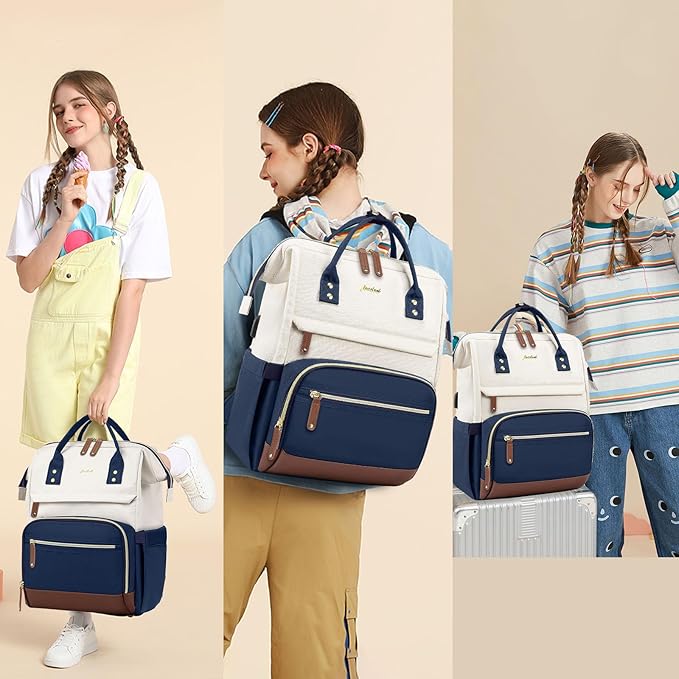 Focdod Laptop Backpack for Womem Work Bags: 15.6 Inch Travel BackPacks Durable Back Pack With USB Charging Port Anti Theft Fashion College BookBag Purse Bussiness Daypack for Nurse Teacher Navy Beige
