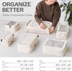 Aerotrunk Compression Packing Cubes for Travel - Luggage Organizer Bags - Double Zipper Packing Cubes for Suitcases (12-Pack, Beige)