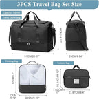 Large Travel Duffle Bag,Carry on Overnight Weekend Bag with Shoes Compartment,Weekender Bags for Women for Travel Business Trips Sport Hospital,3 Pcs Set,Black