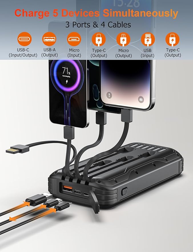 MINRISE Solar Charger Power Bank, 40000mAh Portable Charger PD 20W Fast Charging Solar Power Bank Built in 4 Cables and USB-C in/Output, Camping Essentials External Battery Pack with Flashlights