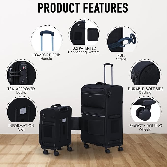 TACH LITE Samba Softside 3 Piece Luggage Set 20/24/28 Inch | Connectable Suitcases with Spinner Wheels Lightweight Travel Suitcase with Wheels Carry On & Checked Bags | Soft Sided Luggage Set (Black)