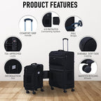 TACH LITE Samba Softside 3 Piece Luggage Set 20/24/28 Inch | Connectable Suitcases with Spinner Wheels Lightweight Travel Suitcase with Wheels Carry On & Checked Bags | Soft Sided Luggage Set (Black)
